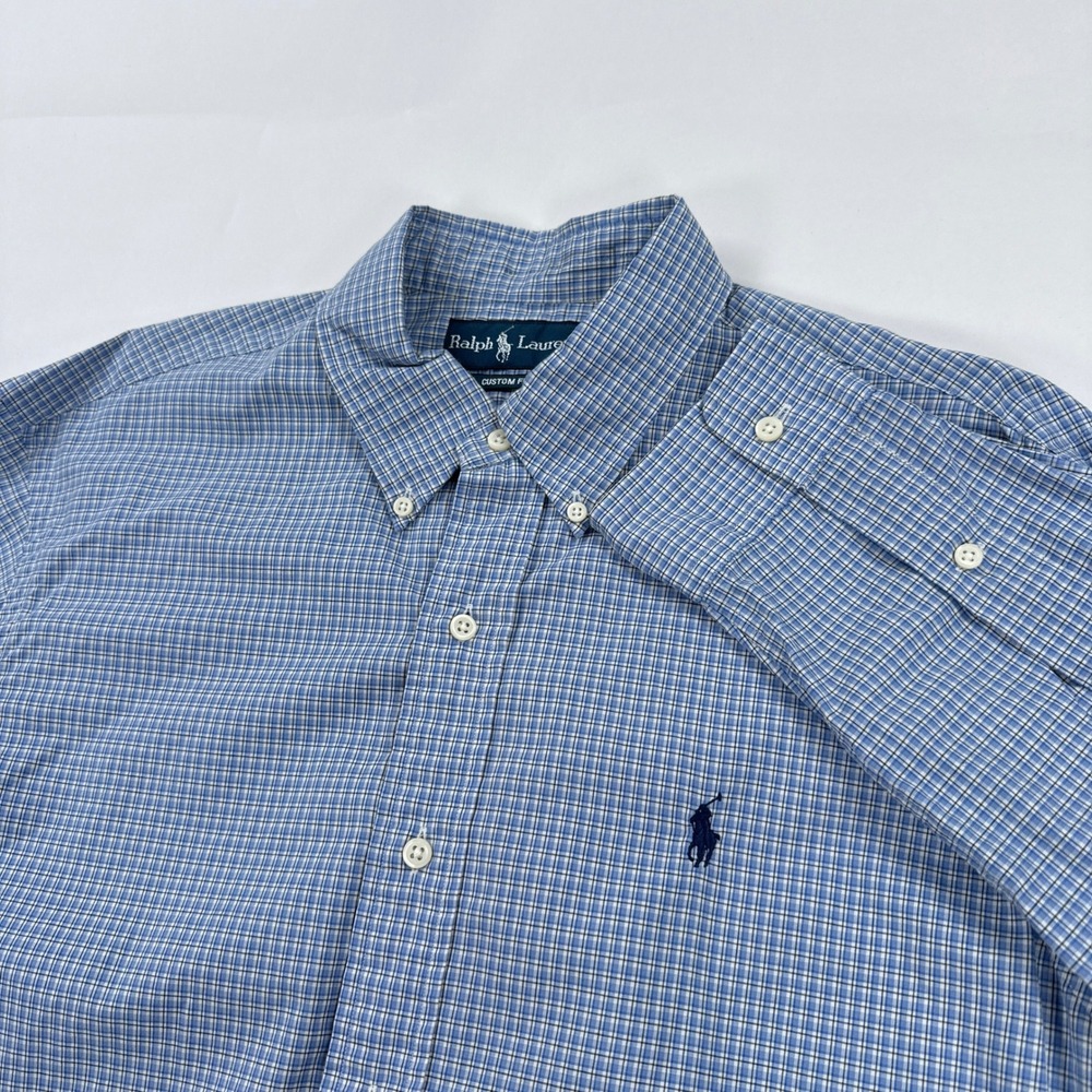 Ralph Lauren Mens Shirt L Blue Check Custom Fit Button Down Long Sleeve